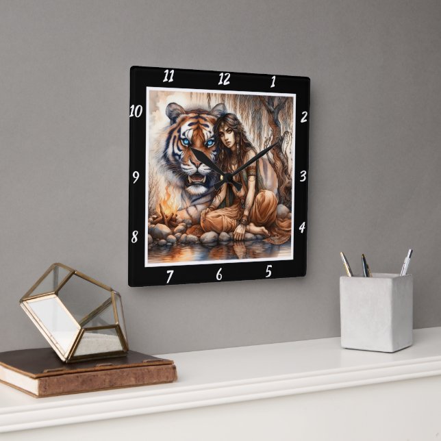 Indianerdämmerung: Tigeraugenwald Quadratische Wanduhr (Büro)