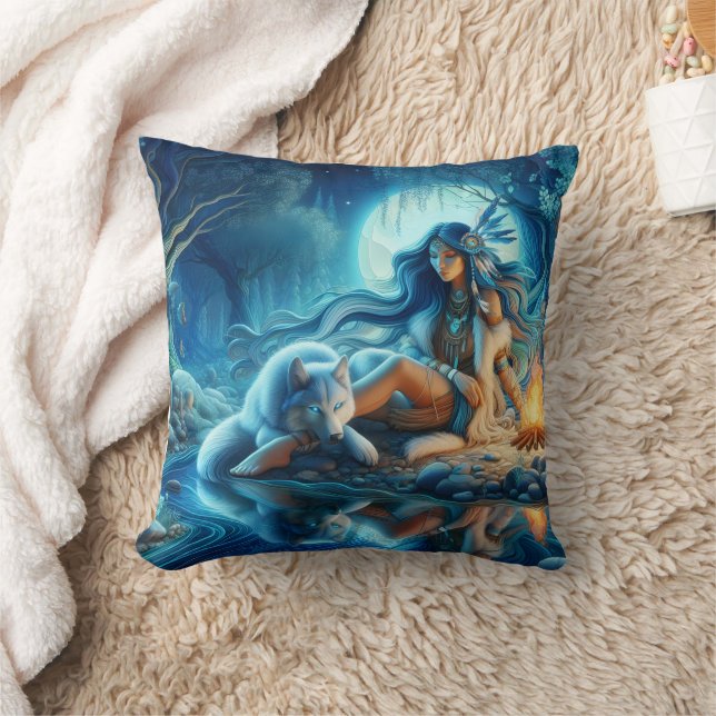 Indianerfrauen am Fluss mit Wolf Kissen (Decke)