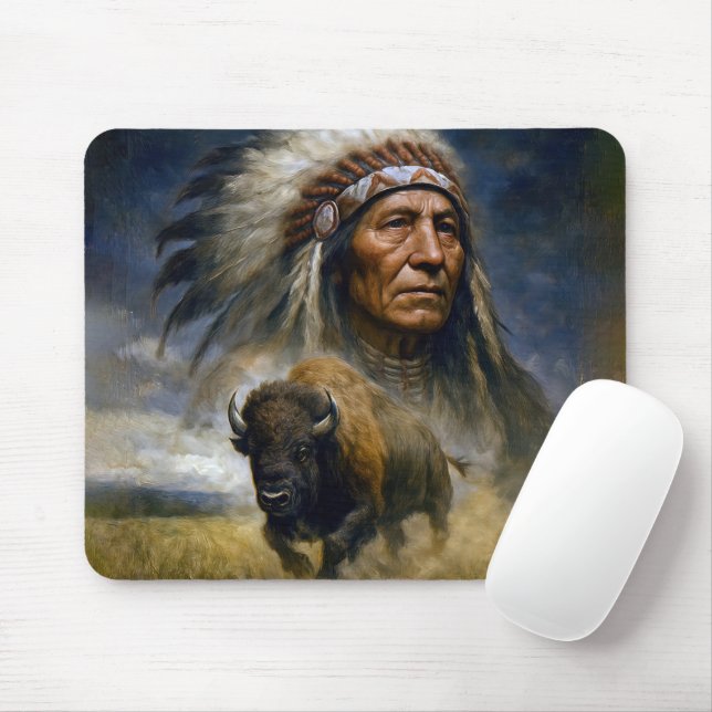 Indianerhäuptling mit anstürmendem Büffel Mousepad (Mit Mouse)