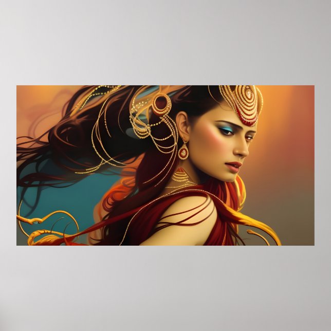 Indianerin farbenfrohe rote blaue Juwelen Poster (Vorne)