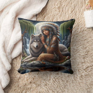 Indianerin mit Wolf vom Mondlichtsee Kissen