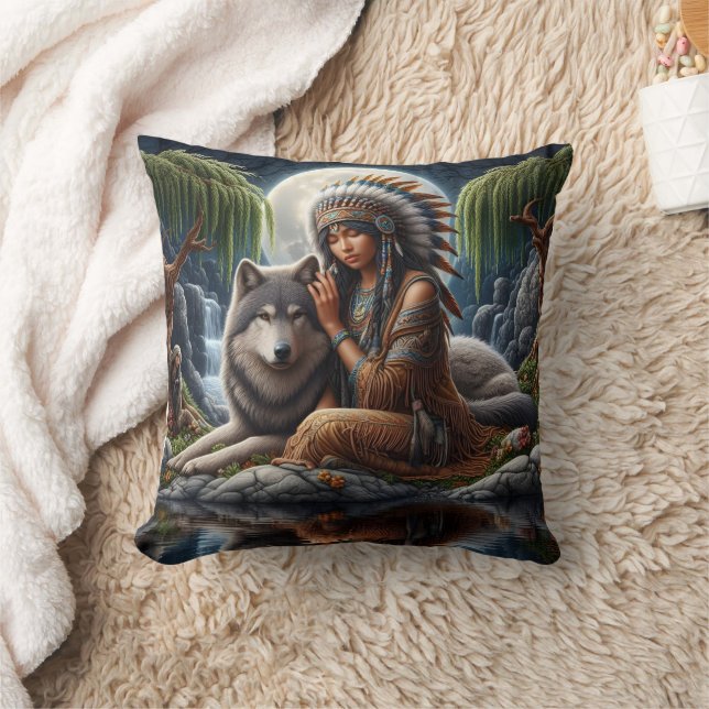 Indianerin mit Wolf vom Mondlichtsee Kissen (Decke)