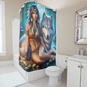Indianerin und Wolf am Ufer Duschvorhang