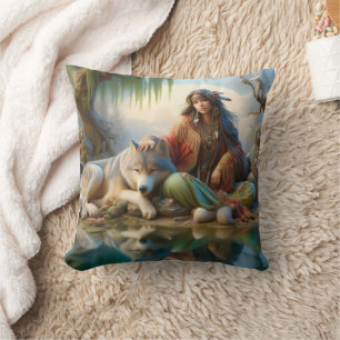 Indianerinnen mit Wolf durch Wasser Kissen