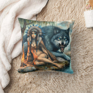 Indianerinnen von Wolf und Campfire Kissen