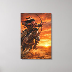 Indianerkrieger auf galoppierendem Pferd bei Sonne Leinwanddruck