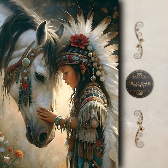 Indianermädchen mit Dekoupage des Weißen Horns Seidenpapier (Native Girl with White Horse)