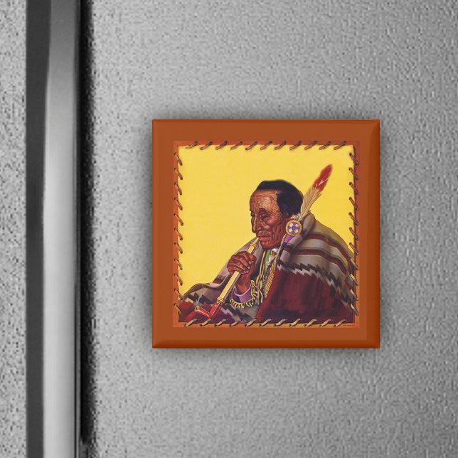 Indianermagnet Magnet (Native American sitting with peace pipe on yellow and leather look magnet.)