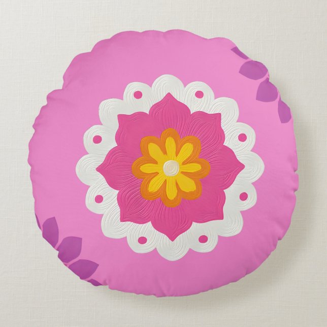 Indianerpinke und lila Mandala Rundes Kissen (Vorderseite)