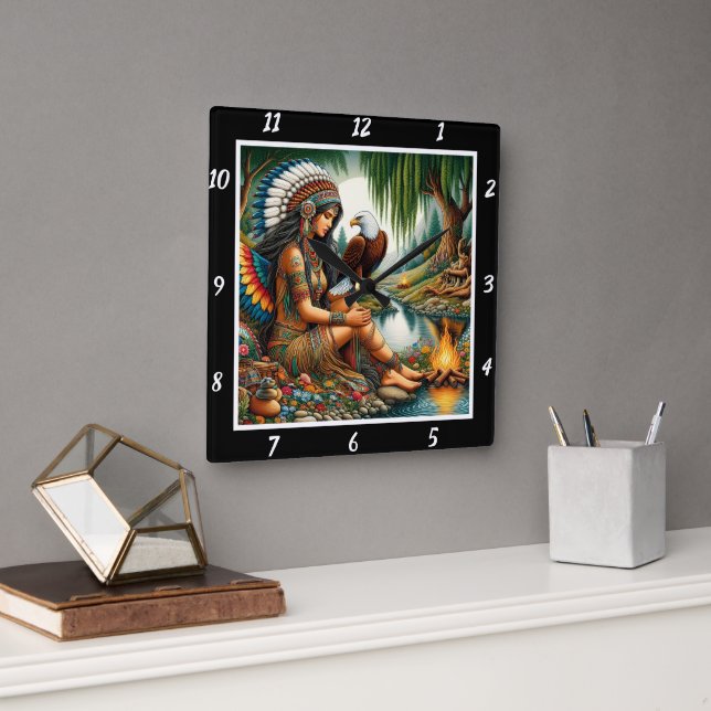 Indianerstädte: Adlerwald-Whisper Quadratische Wanduhr (Büro)