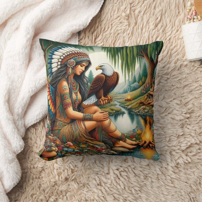 Indianerweibchen Holding Eagle durch Riverbank Kissen (Decke)