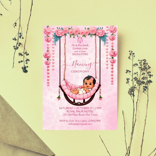 Indianerzeremonie für Babynahrung - rosa Vorlage (Baby Naming Cradle Indian Ceremony pink cute girl editable template invitation digital download)