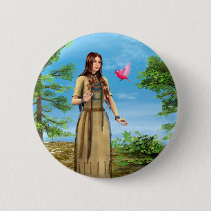 Indianische Frau Waldvogel-Kunst Button