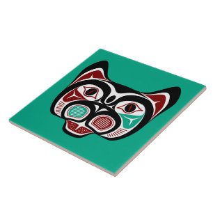 Indianische Rot Schwarz Grün Weiß Kunst Katze Fliese