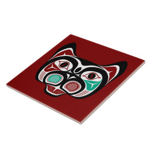 Indianische Rot Weiß Schwarz Haida Kunst Katze Fliese