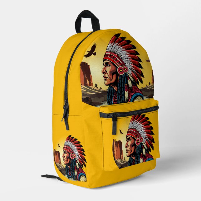 Indianischer Chef der wilden Landschaft Sunset Bedruckter Rucksack (Rückseitige Ecke links)
