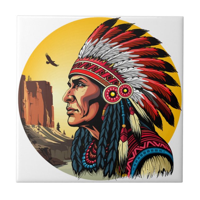 Indianischer Chef der wilden Landschaft Sunset Fliese (Vorderseite)