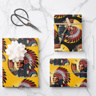 Indianischer Chef der wilden Landschaft Sunset Geschenkpapier Set