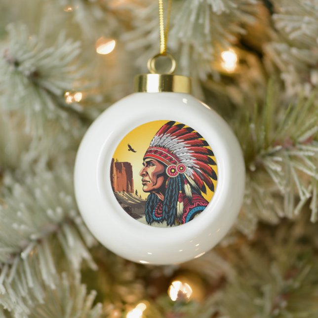 Indianischer Chef der wilden Landschaft Sunset Keramik Kugel-Ornament (Baum)
