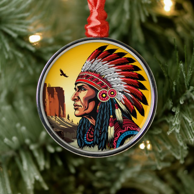 Indianischer Chef der wilden Landschaft Sunset Ornament Aus Metall (Baum)