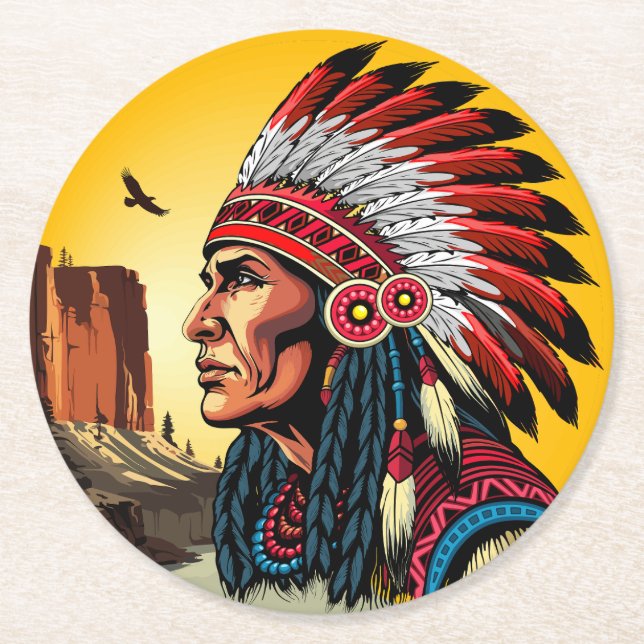 Indianischer Chef der wilden Landschaft Sunset Runder Pappuntersetzer (Vorderseite)