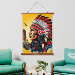 Indianischer Chef der wilden Landschaft Sunset Wandteppich Mit Holzrahmen