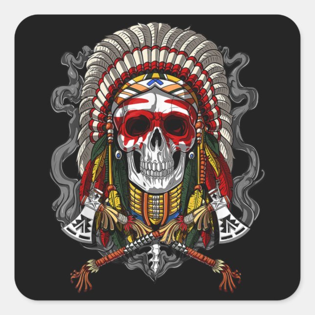 Indianischer Chef Skull Indian Headdress Quadratischer Aufkleber (Vorderseite)