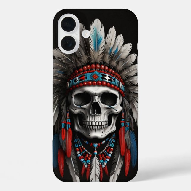 Indianischer Chefschädel mit Kopfbedeckung iPhone 16 Plus Hülle (Rückseite)