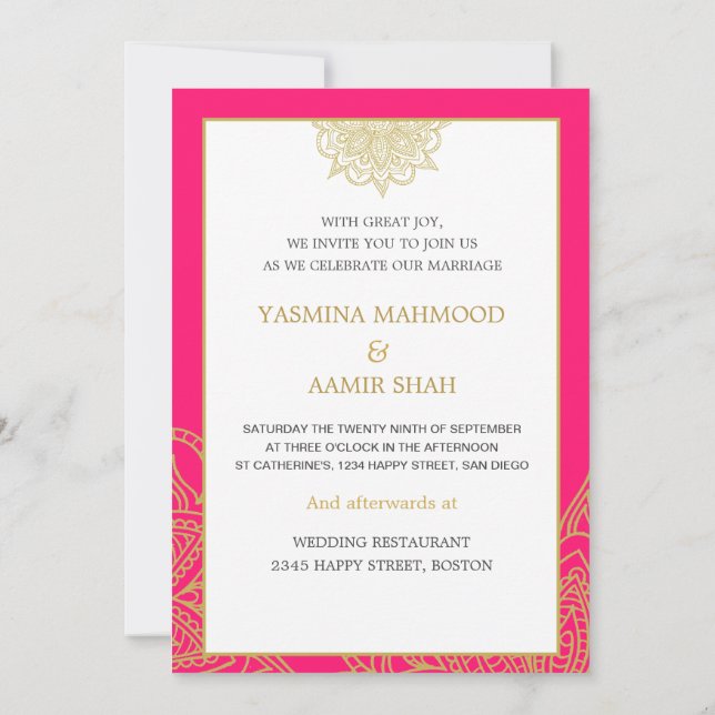 Indianischer Stil Pink Gold Chic Hochzeit Einladung (Rückseite)