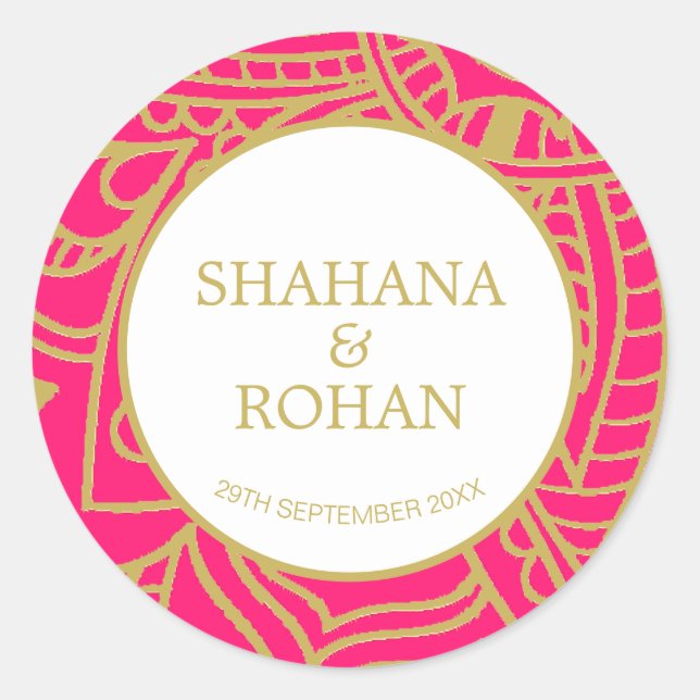 Indianischer Stil Pink Gold Moderne Hochzeitsklass Runder Aufkleber (Vorderseite)