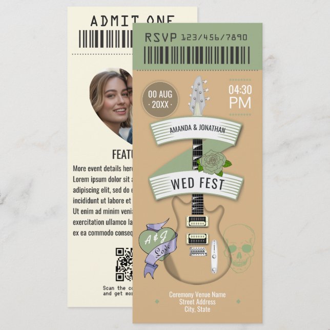 Indie Acoustic Rock ’n’ Roll Wedding Ticket Einladung (Vorne/Hinten)