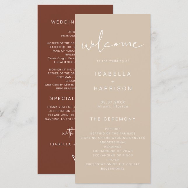 INDIE Bohemian Earth Toned Beige Wedding Programme (Devant / Derrière)