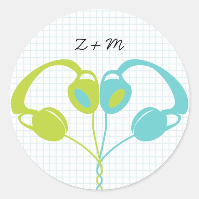 Indie Headphone Heart Blue / Lime Green Wedding Runder Aufkleber (Vorderseite)