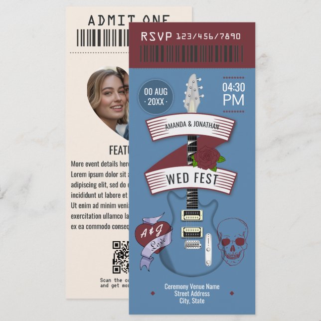 Indie Twilight Rock ’n’ Roll Wedding Ticket Einladung (Vorne/Hinten)