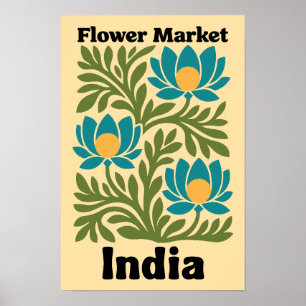 Indien Blumenmarkt Teal Lotus & Botanisches Blatt Poster