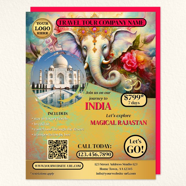 Indien Reisen Ganesh farbenfrohe Vorlage Flyer (A colorful India travel agency flyer featuring Ganesh with your logo, custom photo and QR code)