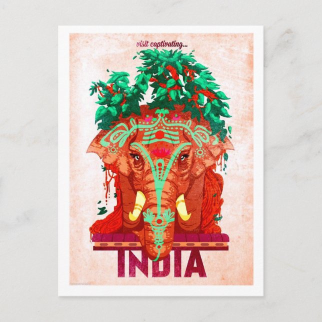 Indien, roter Elefant, Vintage Reise Postkarte (Vorderseite)