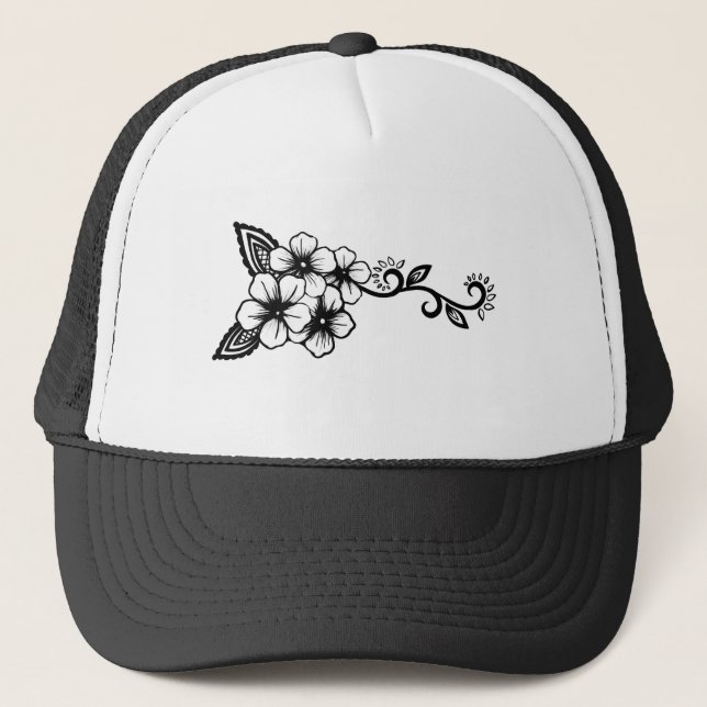 Indigene Floral Ayasha Weiß und Schwarz Truckerkappe (Vorderseite)