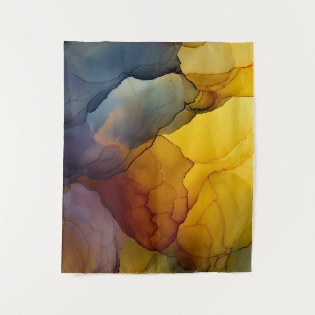 Indigo Amber Alcohol Ink Flow Abstract Wandteppich (Vorderseite)