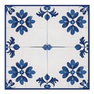 Indigo Azulejo Blau Portugiesische Lissabon Fliese Poster
