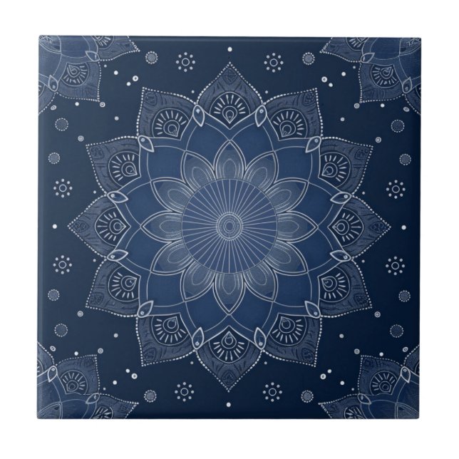 Indigo Azulejo Blue Portugia Mandala Decorative Fliese (Vorderseite)