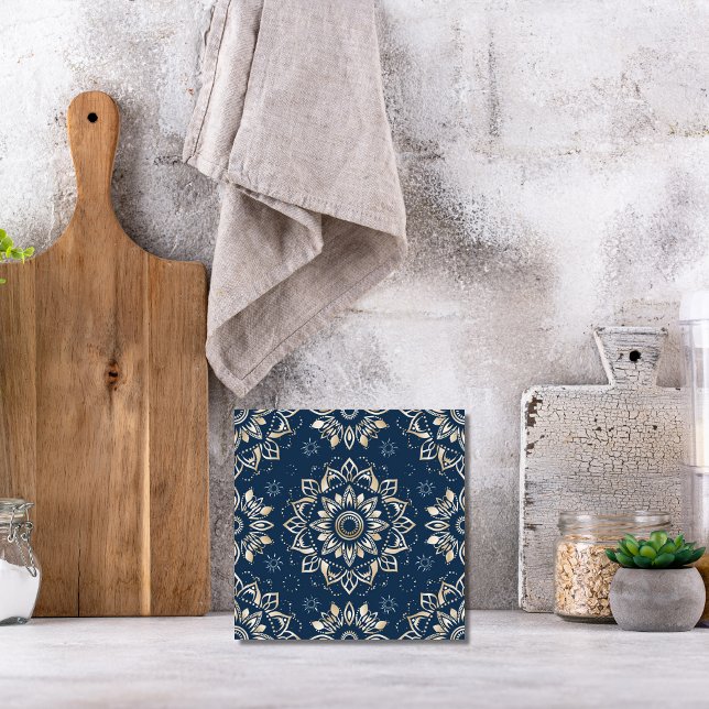 Indigo Azulejo Blue Portugia Mandala Decorative Fliese (Indigo Azulejo Blue Portuguese Mandala Decorative Ceramic Tile)