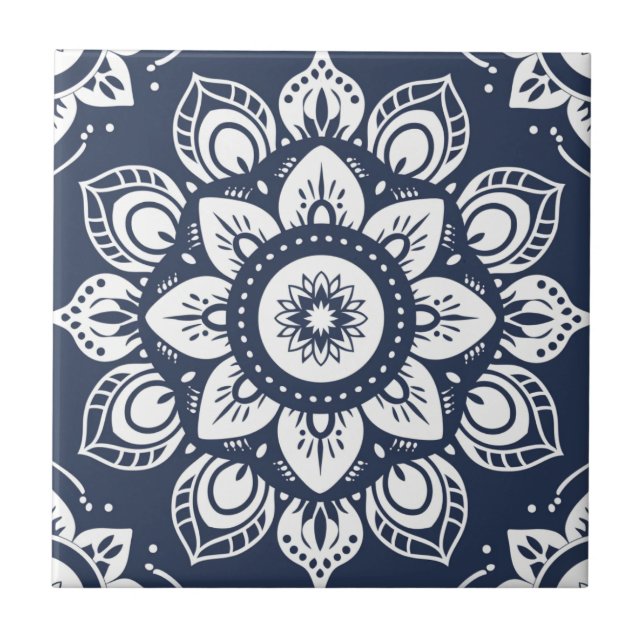 Indigo Azulejo Blue Portugia Mandala Decorative Fliese (Vorderseite)
