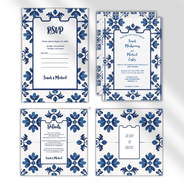Indigo Azulejo Blue Portugiesische Lissabon-Dekora Save The Date (timeless aesthetic,indigo blue,azulejo, tiles, stationary)