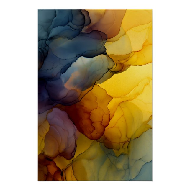 Indigo Bernstein Alkohol-Tinte-Fluss Abstract Poster (Vorderseite)