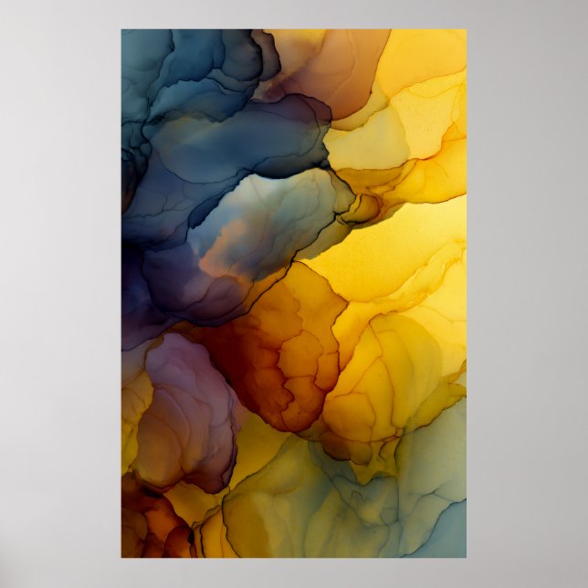 Indigo Bernstein Alkohol-Tinte-Fluss Abstract Poster (Vorne)