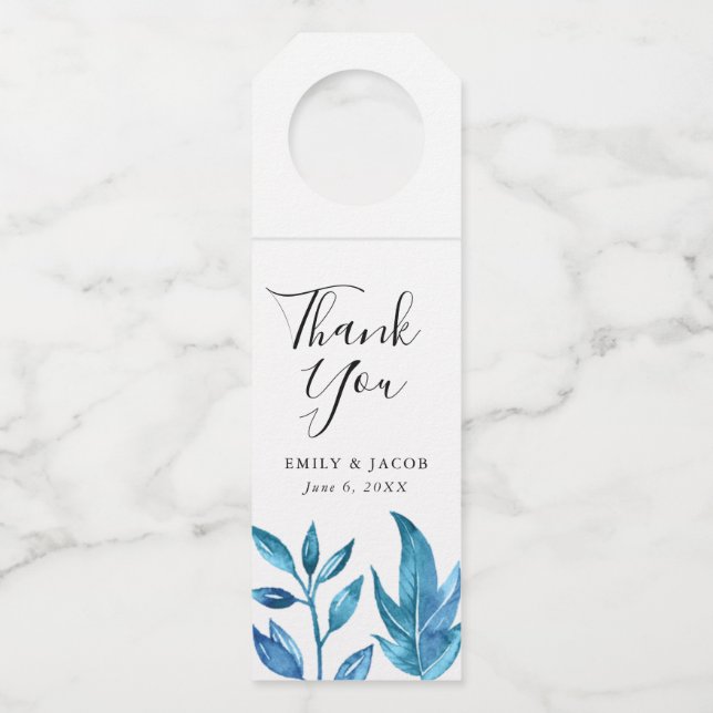 Indigo-Blätter | Personalisierte Hochzeit Flaschenanhänger (Vorderseite)