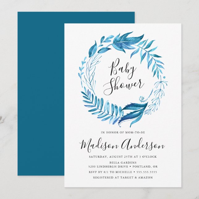 Indigo-Blätter | Wreath Baby Shower Einladung (Vorne/Hinten)