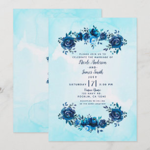 Indigo Blau Aquarell Blumen Florale Hochzeit Einladung