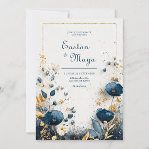 Indigo Blau Aquarell Gold Floral Elegante Hochzeit Einladung